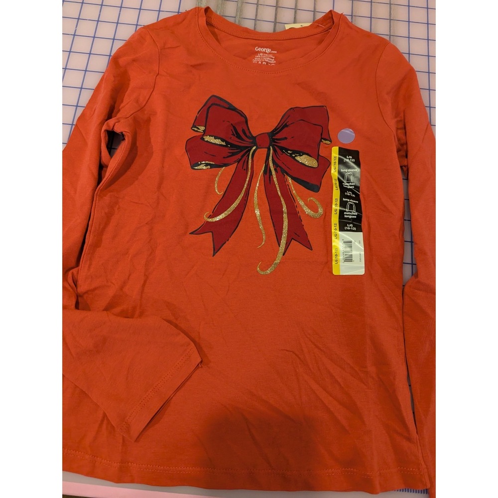 GIRLS RED BOW LONG SLEEVE‎ COTTON SHIRT SIZE YOUTH L 10-12